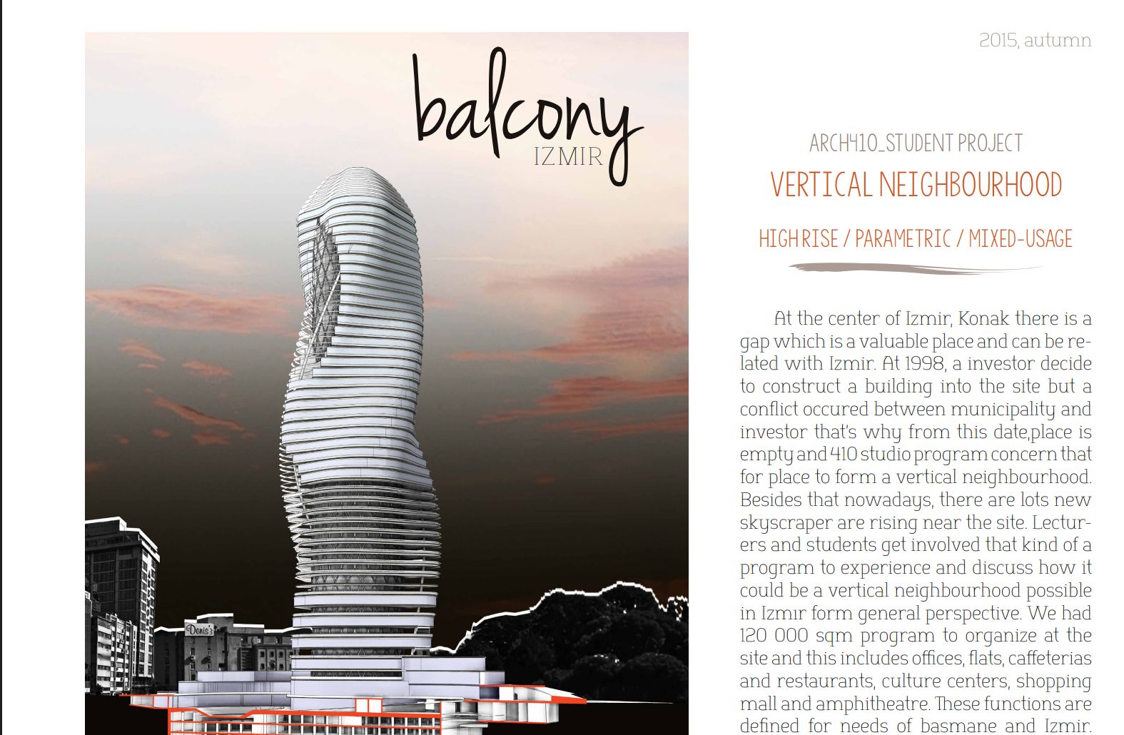Portfolio spread for Balcony Izmir, a 2015 parametric vertical-neighbourhood high-rise studio project