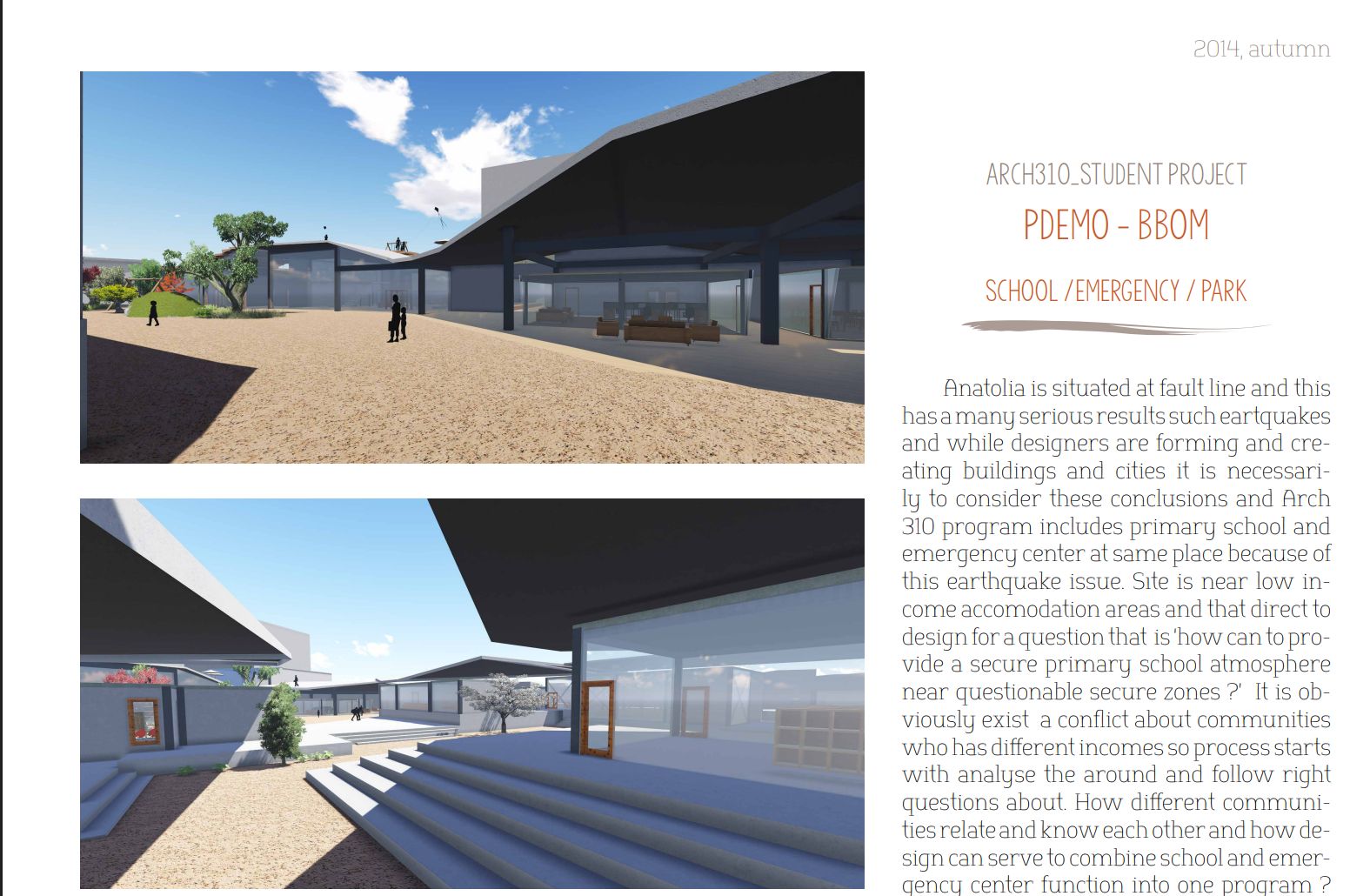 Portfolio spread for PDEMO-BBOM, a 2014 school and emergency center studio project