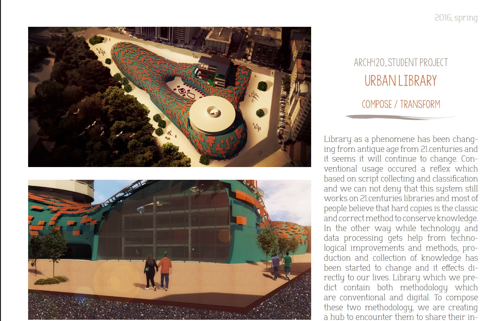Portfolio spread for Urban Library, a 2016 studio project on composing and transforming a library as a knowledge-sharing hub