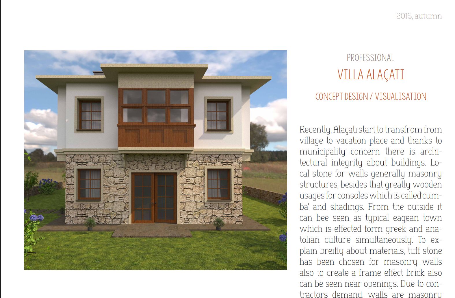 Portfolio spread for Villa Alacati, a 2016 professional concept design and visualization project