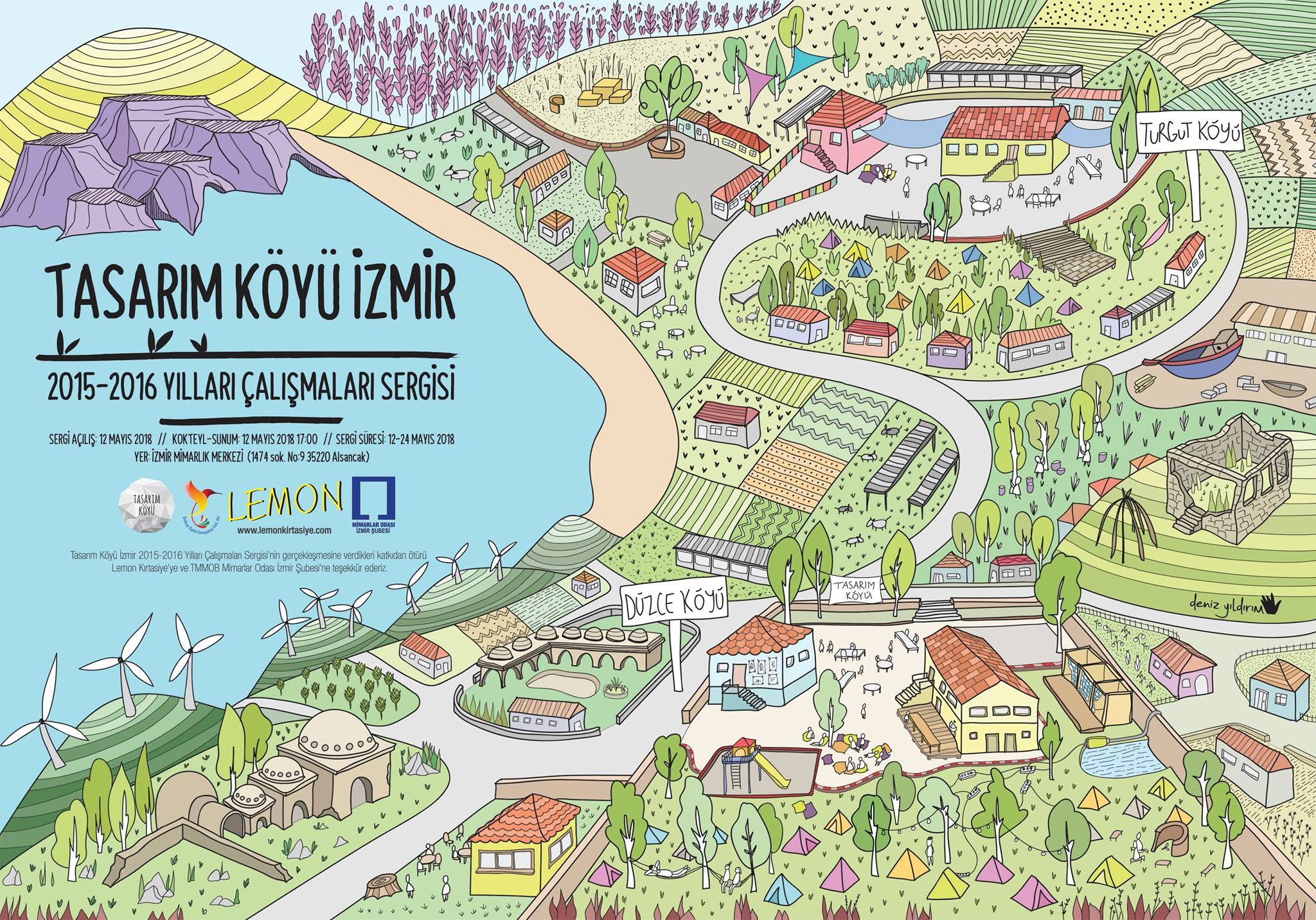 Illustrated map poster for the Tasarım Köyü İzmir 2015–2016 retrospective exhibition at İzmir Mimarlık Merkezi